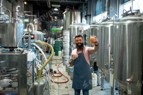 Preview: Bearded man examining the quality of craft beer at brewery