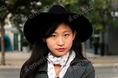 Preview: portrait of an elegant young asian woman with hat
