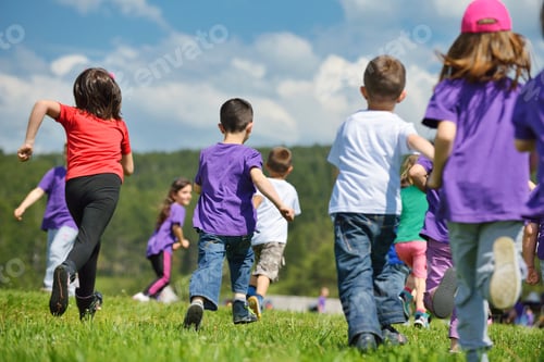 Preview: Happy Kids Group Have Fun In Nature Outdoors Park