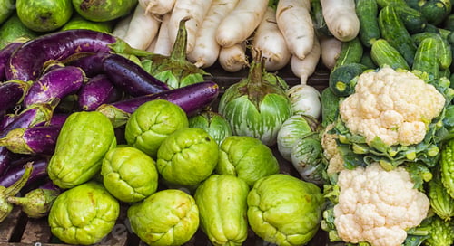 Preview: various fresh fruits and vegetables on the market
