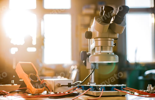 Preview: Modern microscope, connectors component and large green microcircuit in workshop laboratory