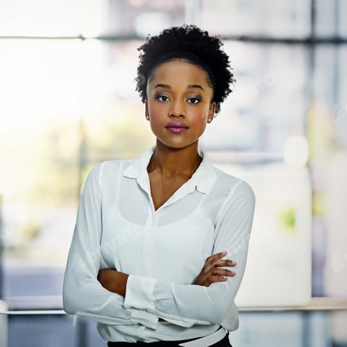Preview: Portrait of a young businesswoman standing with her arms folded in the office
