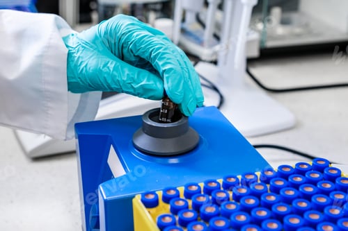 Preview: Samples are shaken by a chemist with a vortex mixer before HPLC analysis.