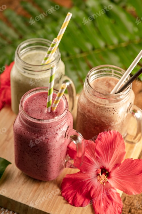 Preview: Closeup of different flavored smoothies: strawberry, chocolate, kiwi