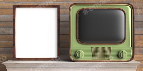Preview: Vintage TV and photo frame on a shelf, wooden wall background. 3d illustration