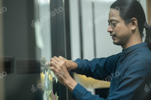 Preview: Asian male employee stick post it notes on the glass wall in the meeting room