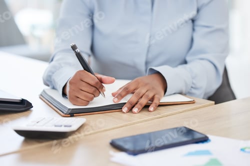Preview: Business hands, writing and planning budget, finance and data analytics notes, ideas or brainstormi