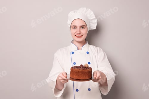 Preview: Confectioner in uniform holding delicious chocolate cake on light grey background