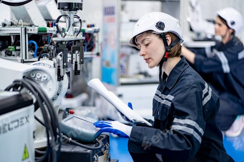 Preview: Industrial engineer working with automated arm robot inside AI robotic production factory.Technology