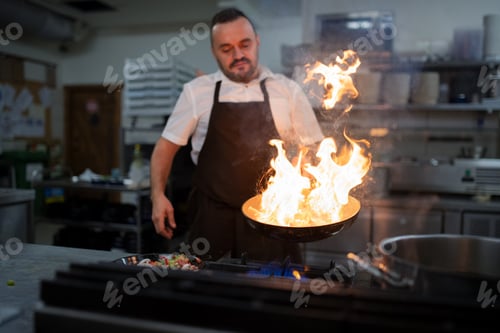 Preview: Professional chef preparing meal, flambing indoors in restaurant kitchen