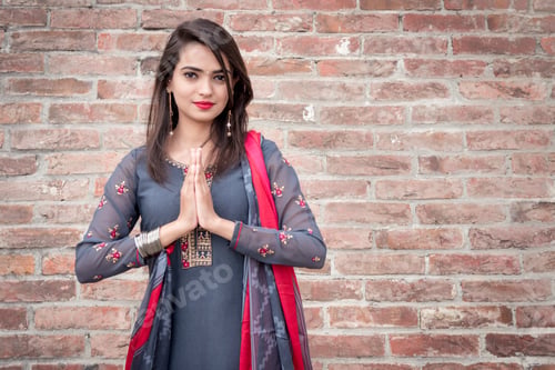 Preview: Smiling ethnic girl, hand in traditional indian mudra gesture stand.