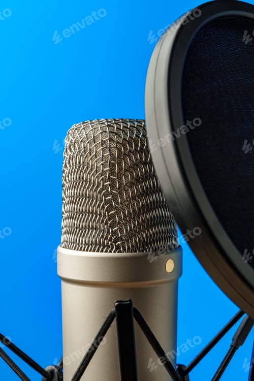 Preview: Professional microphone stand over blue studio background