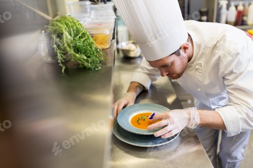 Preview: male chef decorating dish with pansy flower