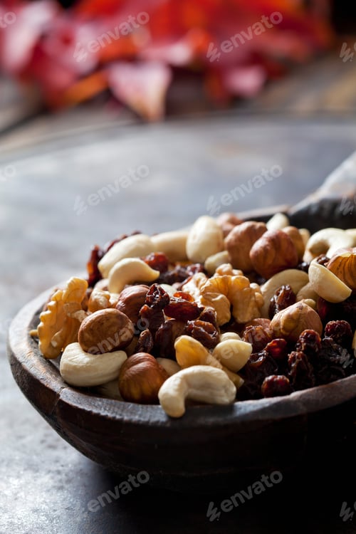Preview: Wooden spoon of trail mix, close-up