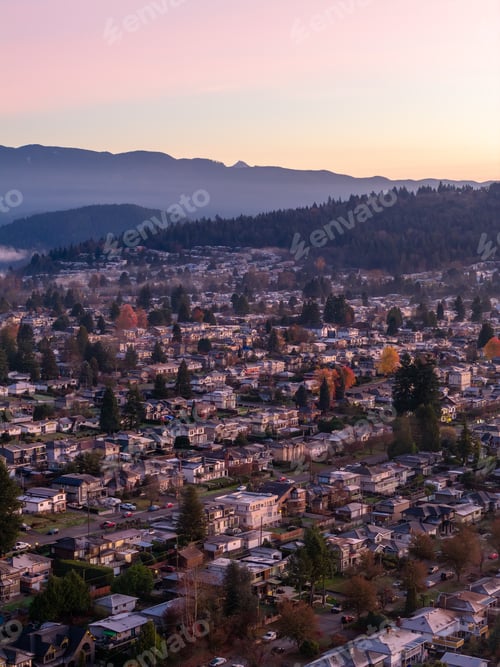 Preview: Sunrise Over Suburban Burnaby Hills: Tranquil Neighborhood Below Misty Ridge at Dawn