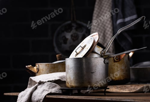 Vista previa: Old vintage iron pots and metallic dish