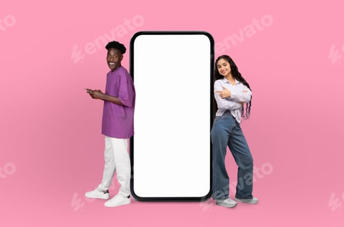 Preview: Multiethnic couple enhancing visual appeal of blank smartphone screen