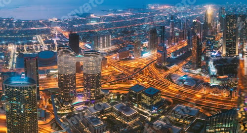 Preview: Aerial View Of Evening Night Scenic View Of Skyscraper In Dubai. Street Night Traffic In Dudai