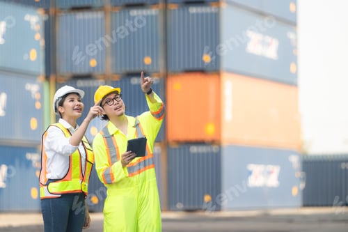 Preview: Portrait of Asian woman engineer and worker working with co-worker at overseas shipping container