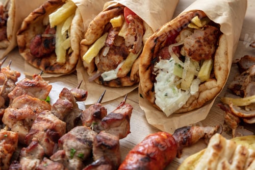 Preview: Greek street food, gyro sliced meat pita bread wrap and souvlaki skewer, overhead