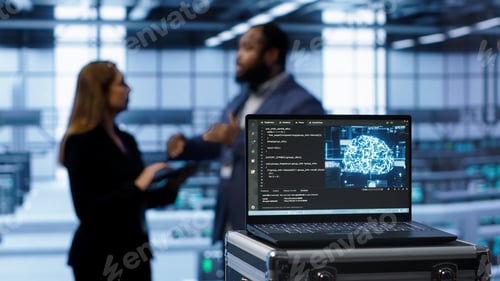 Preview: Focus on laptop used by server farm technicians