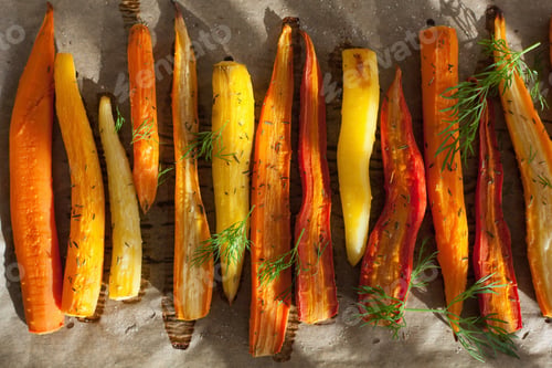 Preview: roasted colorful carrots on baking sheet