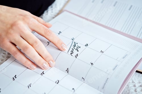 Preview: Planner calendar with text Job interview on date. Female hands writing Job Interview Date on a