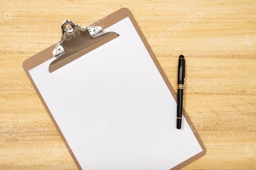 Preview: Workspace with blank clip board and pen. Mock up