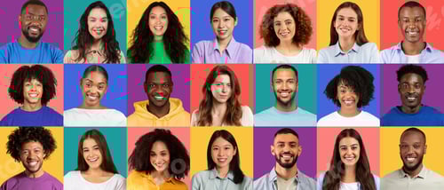Preview: A diverse array of joyful faces, each person smiling against a colorful backdrop