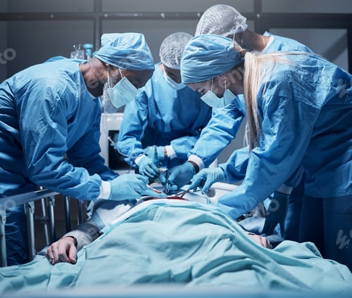 Preview: Doctors, surgery and collaboration with a medicine team in scrubs operating on a man patient in a h