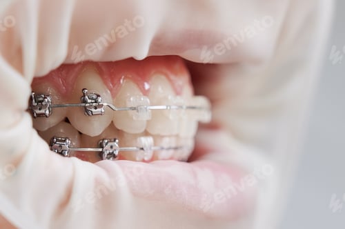 Preview: Macro photography of human's mouth with metal braces and cheek retractor