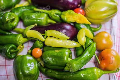 Preview: Closeup shot of fresh vegetables: peppers, tomatoes, eggplants