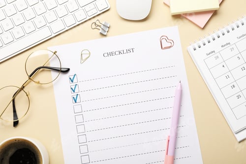 Preview: Flat lay composition with checklist on beige background
