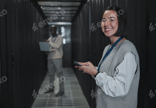 Preview: Technician, woman and portrait with phone in server room for digital management, coding and tech. F