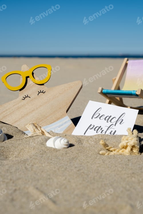 Preview: BEACH PARTY text on paper greeting card on background of beach chair lounge starfish summer vacation