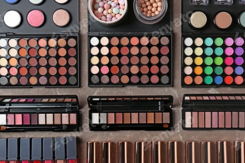 Preview: Set of different professional makeup products on table, flat lay