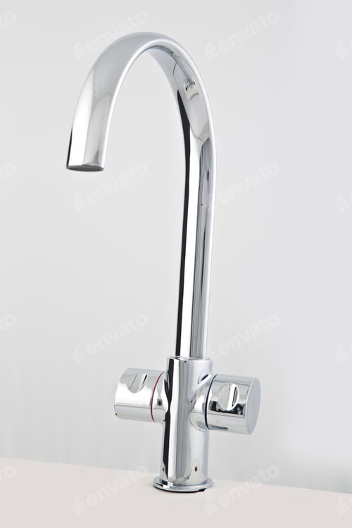 Preview: Modern steel faucets, for the kitchen sink. Isolated on white background.