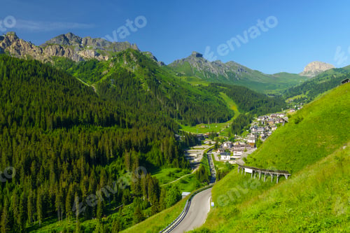 Preview: Mountain landscape along the road to Campolongo pass, Dolomites