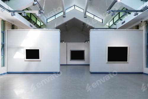 Preview: blank frames on exhibition wall in a room