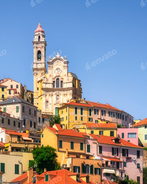Preview: Skyline of Cervo village and the church, Liguria, Italy