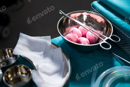 Preview: Close up of surgical instruments on table in operation theater at hospital