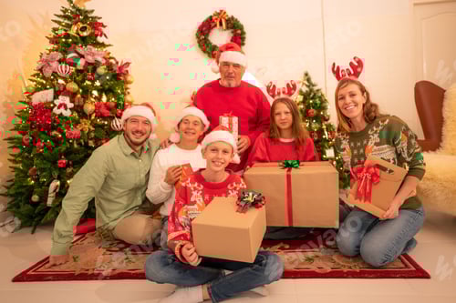 Preview: family with christmas theme clothing celebrate decorating chrismas tree.