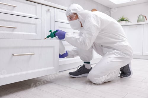 Preview: Pest control worker in protective suit spraying insecticide at home