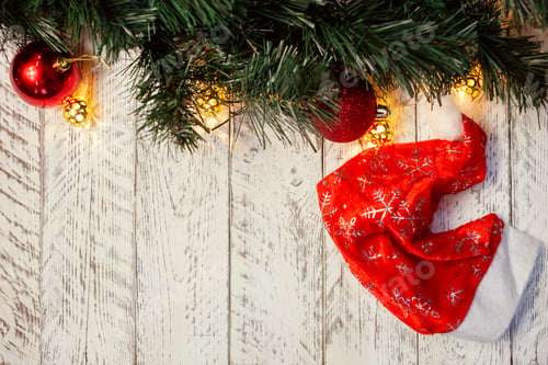 Preview: White wooden Christmas background. Empty space for text. Happy New Year. Red hat, Christmas trees