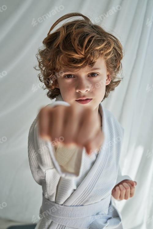 Preview: Serious boy practicing karate in room near curtain