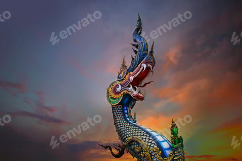 Preview: King of Nagas, Great Naga on sunset sky, sculpture found in the Buddhism temples
