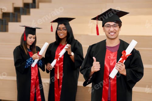 Preview: Different nationalities university graduates feeling happy.