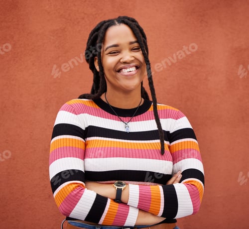 Preview: Happy, smile and portrait of a black woman by a wall in city while walking for adventure. Happiness