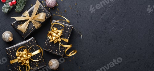 Visualização: Feliz Natal. Caixa de presente de Natal ou presente com fita, confete dourado e enfeites dourados em preto