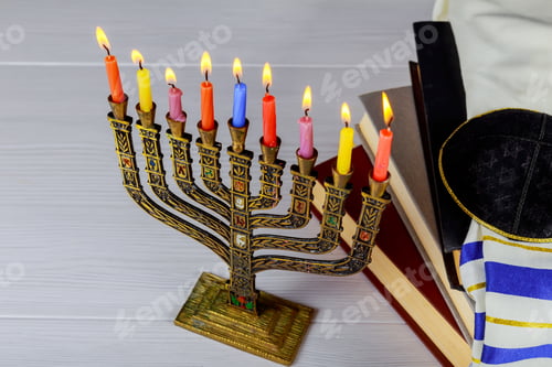 Preview: A still life composed of elements of the Jewish Chanukah Hanukkah festival. jewish holiday Hanukkah